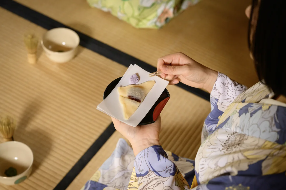 Enjoying traditional wagashi in kimono