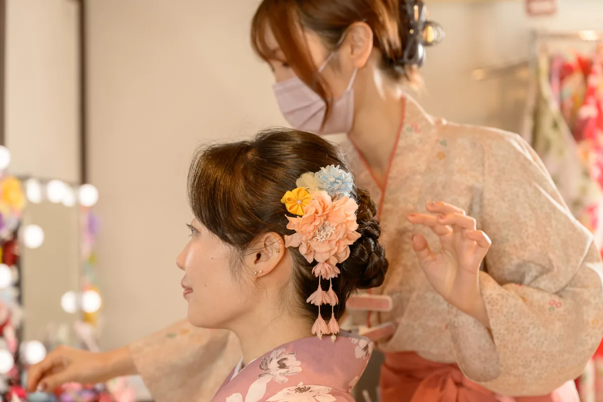 Kimono hair styling with seasonal flowers