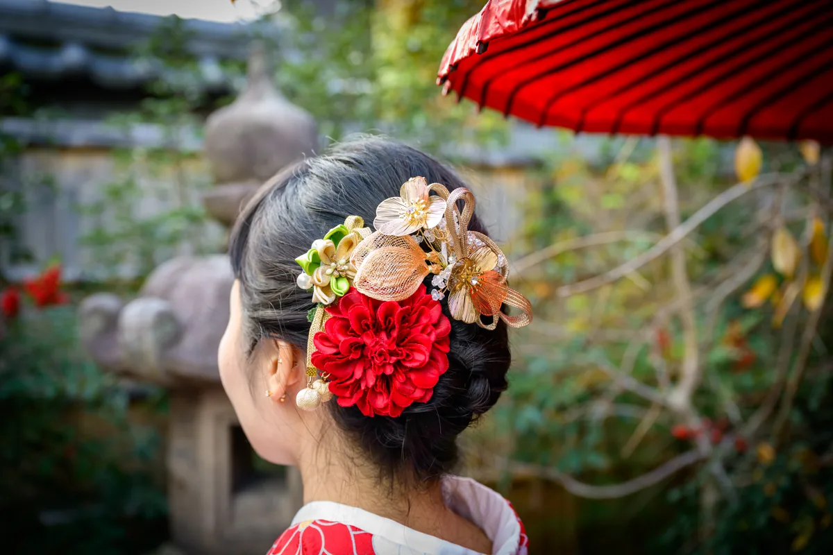 Traditional kimono hairstyle and floral ornament