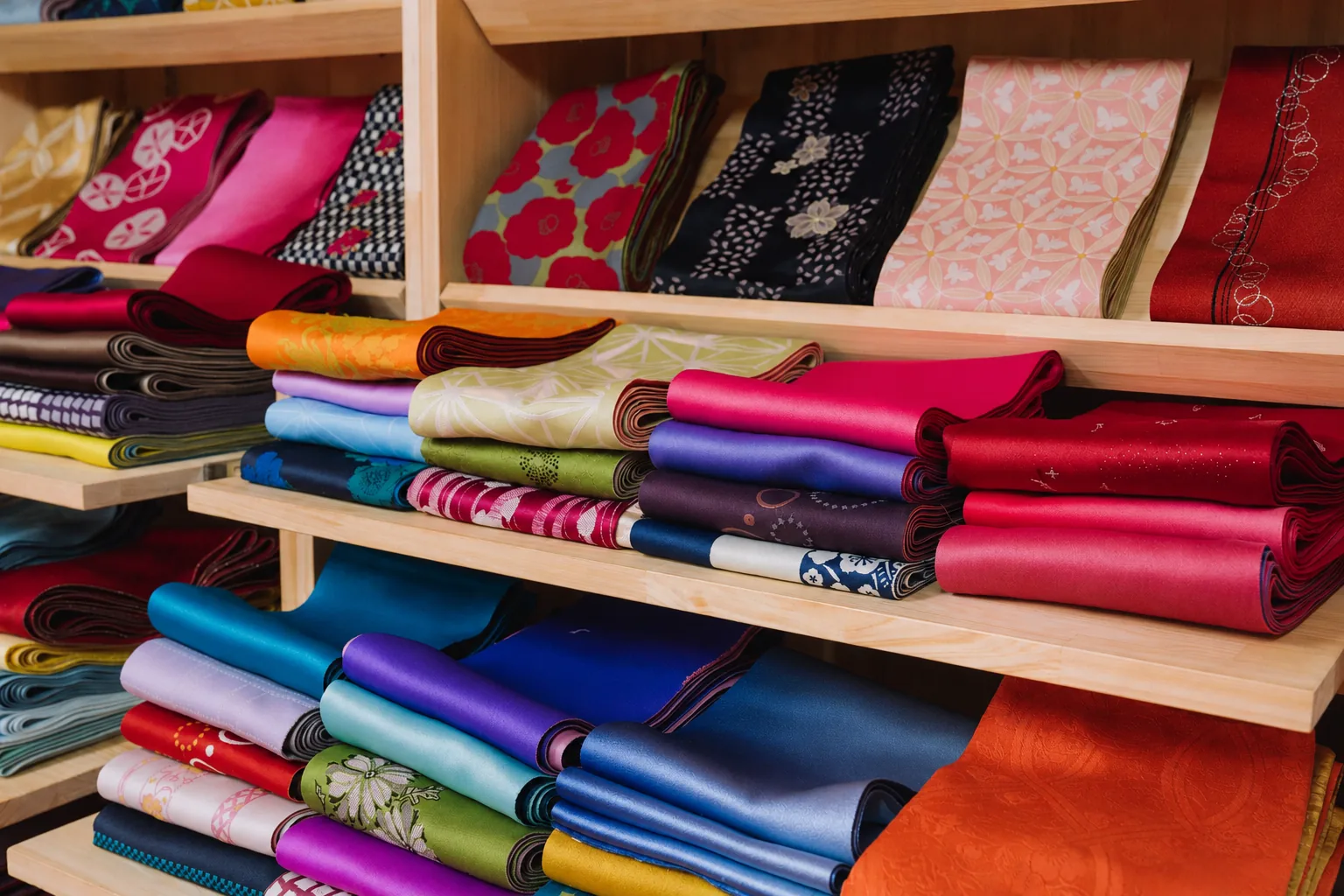 A colorful selection of kimono obi