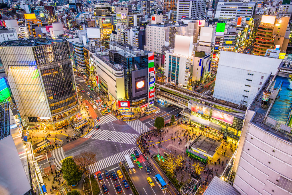 Shibuya, Tokyo, Japan cityscape over Shibuya Crossing.