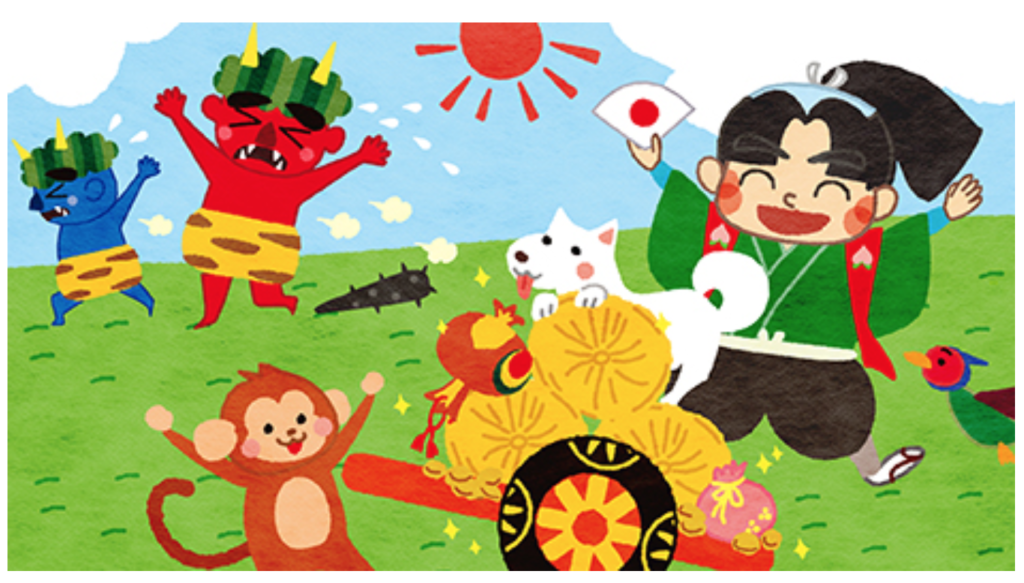 Momotaro beats the devils with the help of a monkey, a dog and a bird Momotaro beats the devils with the help of a monkey, a dog and a bird