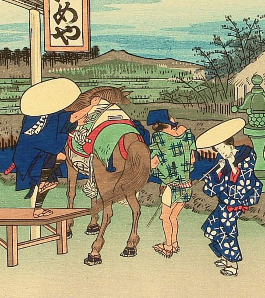 © Utagawa Hiroshige 53 Stations of Tokaido- Totsuka. Ukiyoe woodblock prints often show characters whose faces are either covered by basket hats or purposefully left obscure.